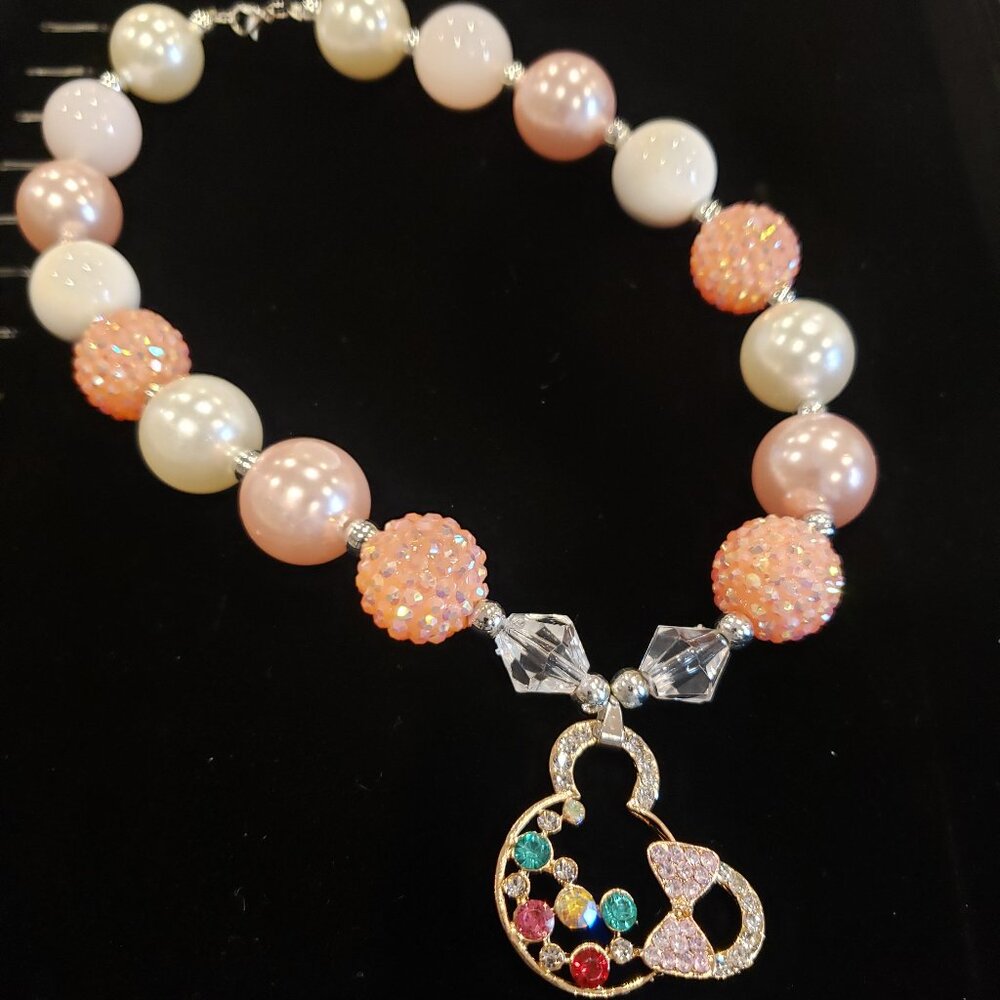 Adorable Pink Shades Bubblegum Beaded w/Gold Tone Colorful Rhinestone Necklace - Picture 3 of 13